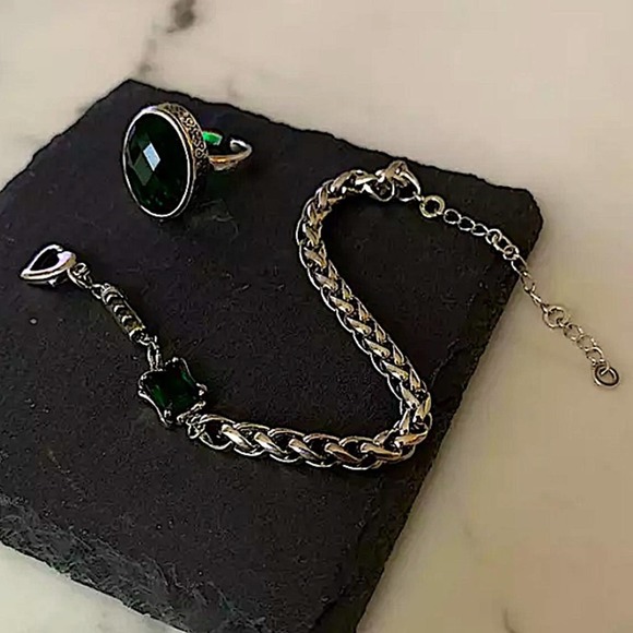 Sterling Silver Emerald Tube Chain Bracelet Matching Oversized Resizable Ring - Picture 4 of 8